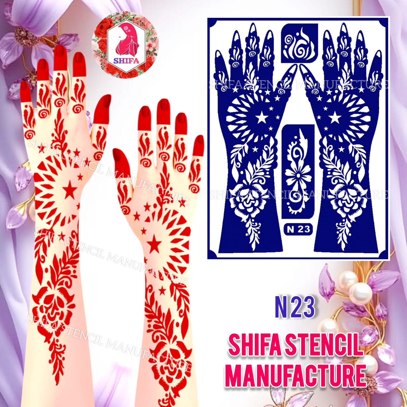 N 23 Starlit Crescent Symphony Sticker Overview Henna Stencil - Shifa Stencil